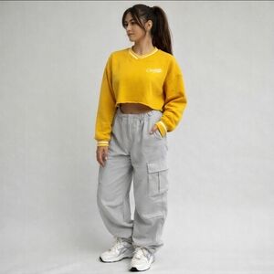 H&M Divided Women's Y2K Sweatshirt Yellow Cropped Varsity Size L